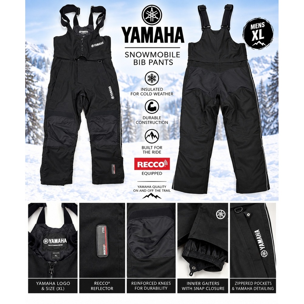 Yamaha Mens XL Snowmobile Bib Overalls Black Insulated RECCO Snow Pants #1925
